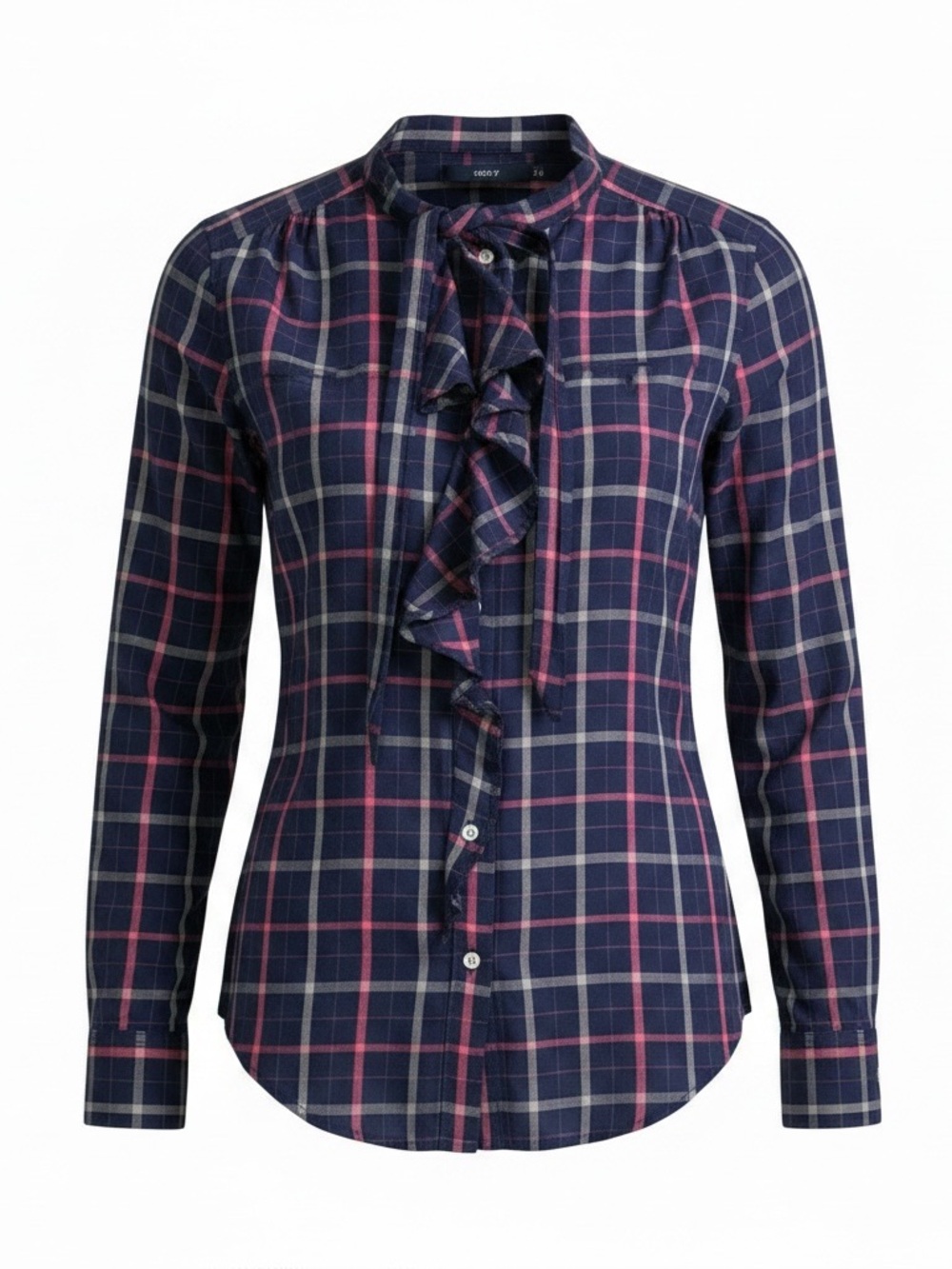 GAP Navy & Pink Plaid Ruffle Front Tie Neck Blouse Size S/P